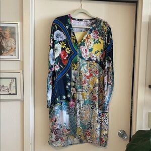 Johnny Was Multicolor Floral Long Sleeve Dress — Navy, Yellow, Red, Green